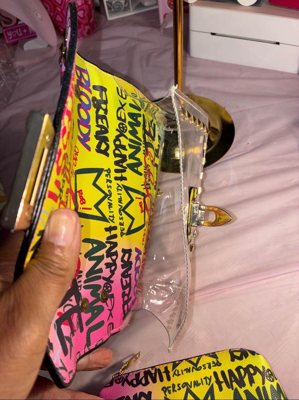 Vibrant Graffiti Zip Pouch with Gold Stud Detail - Picture 8 of 9